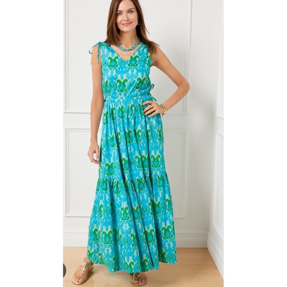 Talbots Ikat Medallion Tiered Maxi Dress Blue Green Lined V Neck Travel Resort